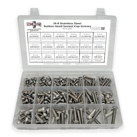 Boltsandnuts.Com Inch 18-8 Stainless Steel Button Head Socket Cap Screws Assortment - 211 PCS Assortment Kit #287
